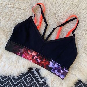 lululemon athletica Black Sports Bra with Neon Orange Straps and Floral Band